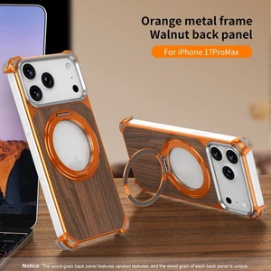 For iPhone 17 Pro Max Metal Wood Grain Case with Kickstand, Shockproof - Picture 1 of 16
