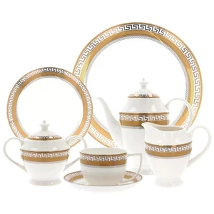 24 Piece Royal Greek Key Pattern Bone China Gold Tea Set Cake Plate,Cups,Saucers - Picture 1 of 11