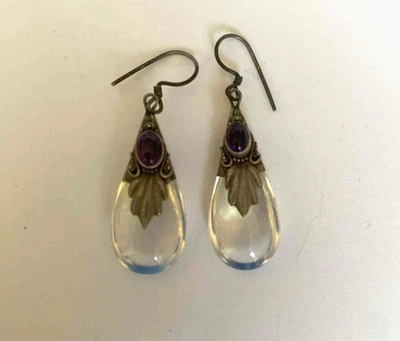 VTG Teardrop Faceted Dangle Pierced Earrings Sterling Silver .925 - Image 1 of 2