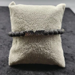 Lava Stone Bead Bracelet Black Arrow Chevrons Stainless Steel Men's Stretch 7 in - Picture 1 of 6