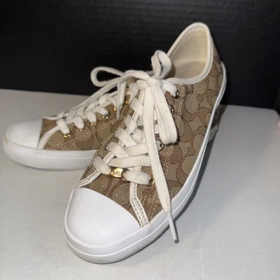 Coach Shoes Women Size 6.5 B Khaki Brown All Over Logo Lace Up Canvas Empire - Image 1 of 4