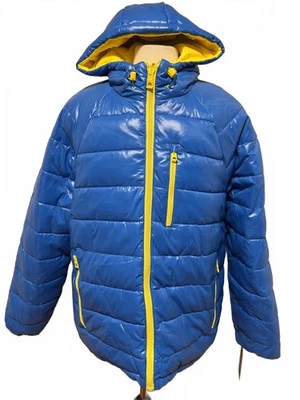 Men's Blue and Yellow Puffer Jacket with Hood - Image 1 of 3