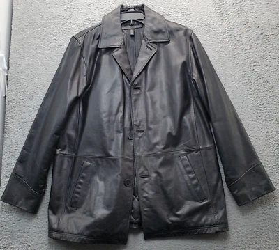 Structure Leather Jacket Mens Large Black Quilted Lined Peak Collar Button Front - Image 1 of 4