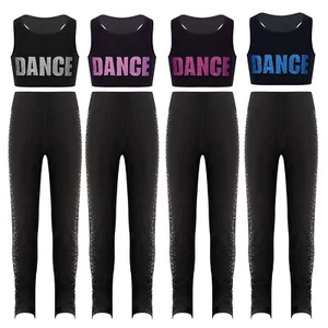 Kids Girls Figure Skating Costume Gymnastics Crop Top With Pants Sleeveless - Picture 1 of 55
