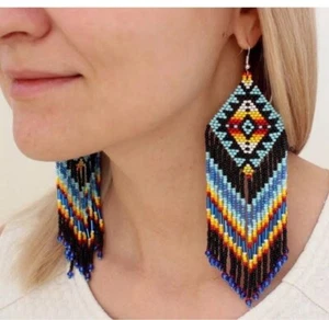 Tribal Ohrringe Indianer groß Boho American Rocailles Handarbeit Ohrring - Bild 1 von 2