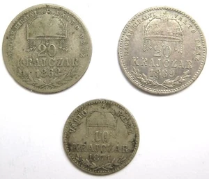 [R3084] Lot 3x Hungary (20 Krajczar 1868 Gyf +1869 KB, 10 Krajczar 1871 Gyf ) - Bild 1 von 2
