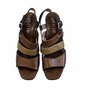 Anyi Lu Womens 38.5 Sandals Block Heels Open Toe Leather Snake Brown Gold Tan - Picture 1 of 8