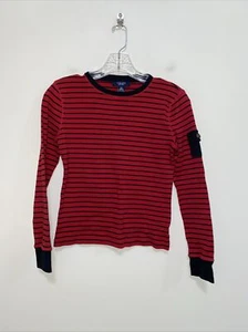 Chaps XS Red Striped Pocket on Sleeve Long Sleeve T Shirt Cotton Blue Trim - Picture 1 of 4
