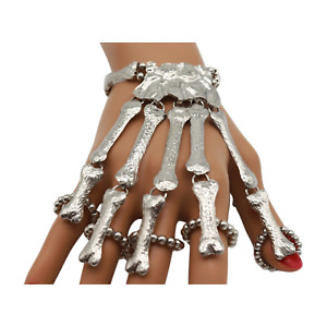 Women Silver Metal Hand Chain Bracelet 5 Long Bones Finger Skeleton Ring Skull