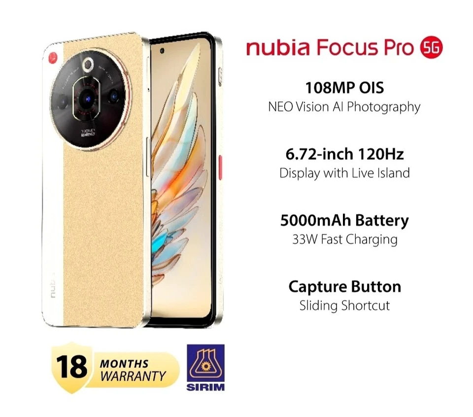 ZTE nubia Focus PRO SMARTPHONE, Dual SIM, 256GB, 8GB RAM, 5G, 108 MP Wide - Image 1 of 4