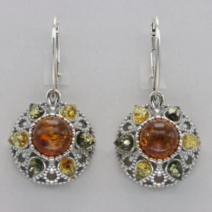 Multi-Color BALTIC AMBER Round Earrings 925 STERLING SILVER - Leverback #2532e - Picture 1 of 10