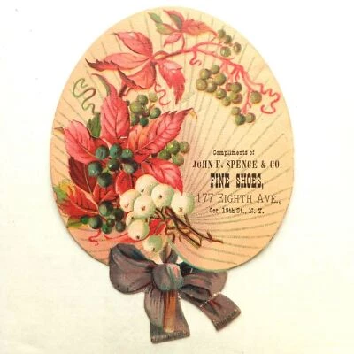 1880s-90s Fan John F. Spence & Co Fine Shoes NY Red Flowers Trade Card - Image 1 of 2