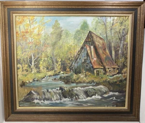 Original Oil On Canvas Board-House/River Landscape-Signed M Abbott-29x26” Framed - Picture 1 of 7