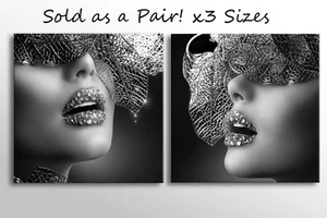 FANTASY MASK & CRYSTAL LIPS CANVAS WALL ART LARGE GREY PICTURE STUNNING PRINT - Picture 1 of 2