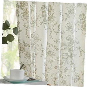 Linen Blend Curtains Floral Curtains for 50"W x 96"L (Pack of 2) Flower Green - Picture 1 of 7