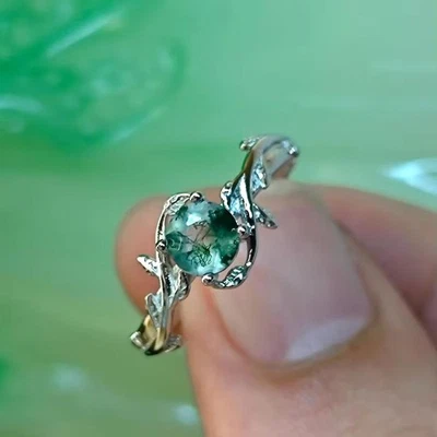 925 Sterling Silver Ring  5MM Green Round Moss Agate Ring 5-9 Size Jewelry - Image 1 of 4