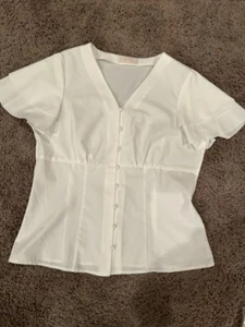 Belle Poque Women’s Blouse V-Neck Size L Fabric Covered Buttons, Layed Sleeves - Picture 1 of 5