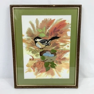 VTG Completed Creative Circle 1075 "Watching" Framed Crewel Chickadee On A Nest - Picture 1 of 6