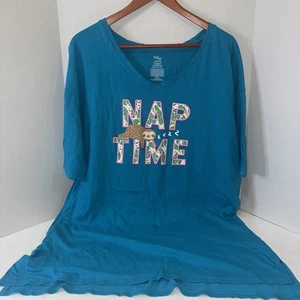 Damen Schlafanzug TÜRKIS V-AUSSCHNITT SLEEPSHIRT Nachthemd Faultier "Nap Time" Größe L-XL - Bild 1 von 8