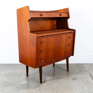 Mid Century Danish Modern Secretary Desk Teak Sliding Denmark 5 Drawers Handles - Picture 1 of 12