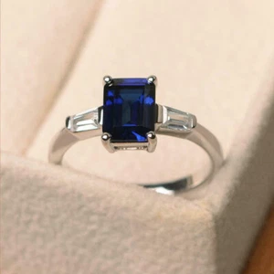 3Ct Emerald Cut Blue Sapphire Three-Stone Engagement Ring 14K White Gold Finish - Picture 1 of 8