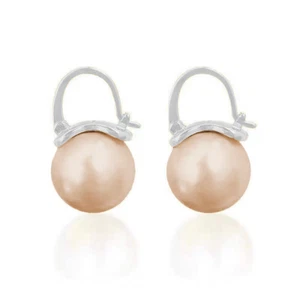 Champagne Sea Shell Pearl Huggie Hoop Drop Earrings 18K White Gold Plated - Picture 1 of 4