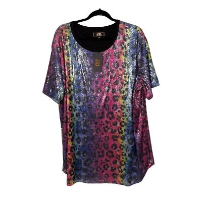 L&B Lucky & Blessed Top 女式 2X Plus 动物印花彩虹亮片多彩全新带标签 — 第 1/4 张图片