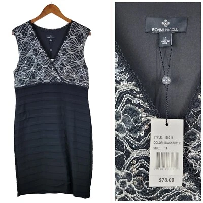NEW Sheath Dress Size 14 cocktail Mother Of Bride Groom Black Silver Sequin Lace - Image 1 of 4