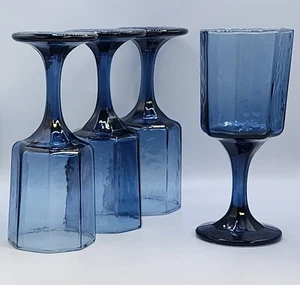 4 x Libby Blue Paneled Octagon Shaped Stemmed Goblets / Glasses Facet Textured - Picture 1 of 5
