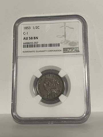 *BEAUTIFUL LOOKING 1853 HALF CENT BRAIDED HAIR - AU-58 NGC* Cover