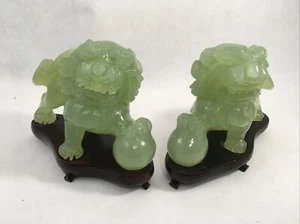 Foo Lion Carved Figurines Green Stone Guardian Lions on Wooden Bases Shisa - Picture 1 of 12