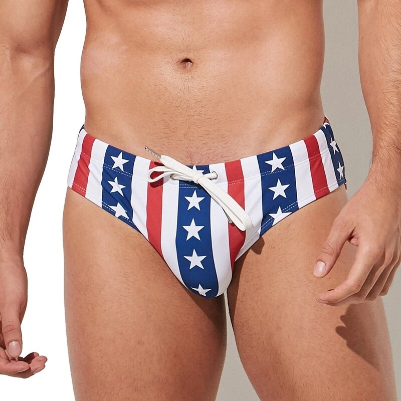 Lace Up Men's Swim Trunks Flag Print Beach Sports Shorts Men's Briefs Underwear Foto 1 de 4