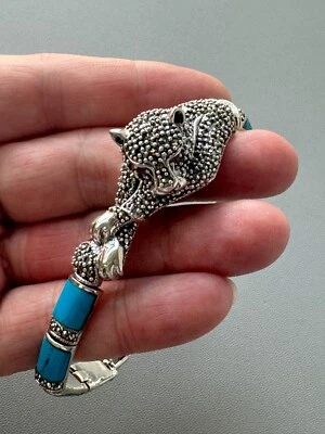 Rich Blue Turquoise Marcasite 925 Sterling Silver Tiger Bracelet - Image 1 of 4