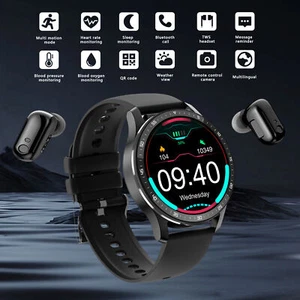 2 in 1 Smart Watch W/ Earbuds Smartwatch True Wireless Bluetooth Headsets Black - Zdjęcie 1 z 22