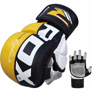 RDX Leather T6 MMA Grappling Training Gloves, Black/Yellow, XL