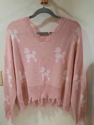 Nuevo Suéter Sin Comentarios Rosa Recortado Calce Relajado Talla X-grande Con Caniches Lindo Foto 1 de 4