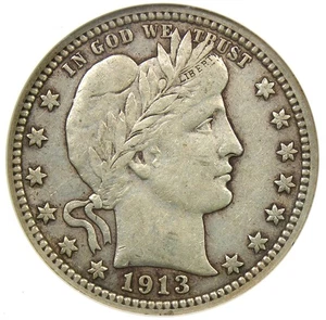 1913 Barber Quarter 25C Coin - Certified ANACS XF40 (EF40) - Rare 1913-P Date! - Picture 1 of 4