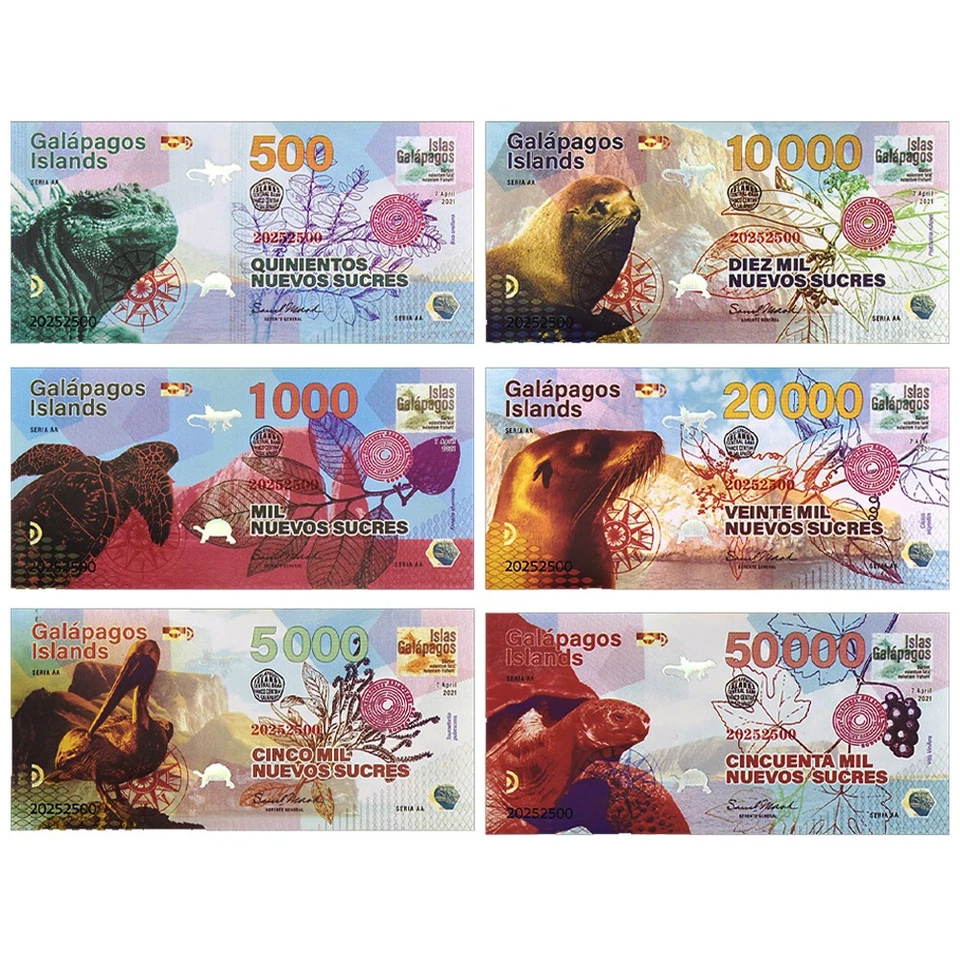 Juego de 6 billetes Islas Galápagos Nuevos Sucres - 500-50000 edición coleccionista Foto 1 de 4