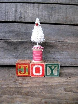 Antique Wood Alphabet ABC Blocks JOY w Bottle Brush Tree - Image 1 of 4