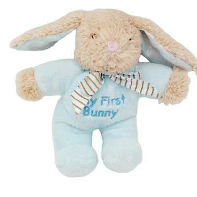 My First Bunny Rabbit Blue Tan Plush Rattle Baby Toy Stuffed Stripes - Image 1 of 4