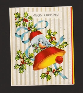 Vintage Die Cut Bell Window Holly Berries Blue Bird Glitter Christmas Card - Picture 1 of 3
