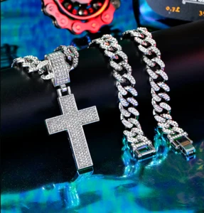 Silver Large Heavy Iced Cross Pendant 12mm 20" Cuban Link Chain Necklace - Picture 1 of 3