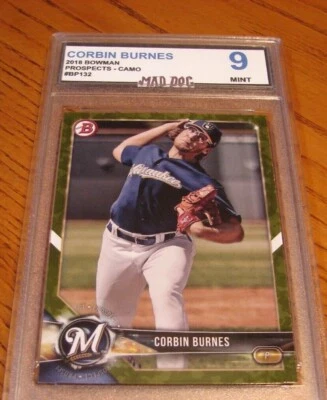 CORBIN BURNES Rookie****2018 BOWMAN CAMO***MINT 9*****BREWERS---Mad Dog GRADE - Image 1 of 2