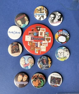Vintage 1980s & 90s Erasure Tin Pin badges Job Lot pop music band Andy Bell - Imagen 1 de 9