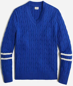 NWT $118 J Crew Heritage Cotton Cable Knit Tennis Stripe V-Neck Sweater in Blue - Picture 1 of 2