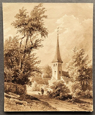 signed JB De Jonghe vintage ink wash drawing church village Belgium ca 1840 - Image 1 of 3