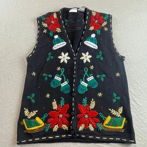 Bobbie Brooks Bordado Navidad Suéter Chaleco Feo Negro Mitones Trineo S  - Imagen 1 de 8