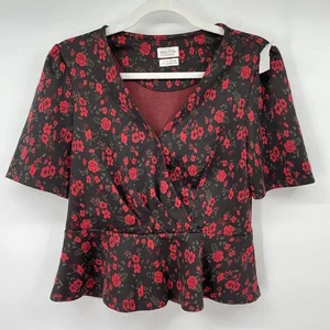 Women's Meadow Rue Anthro Floral Peplum Black Red Top Small - Picture 1 of 4