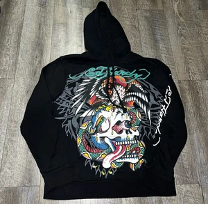 ED HARDY BATTLE SKULL SUÉTER NEGRO SUDADERA CON CAPUCHA TALLA MEDIANA - Imagen 1 de 5