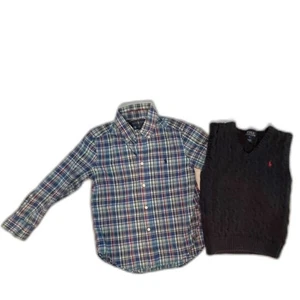 Lot Boy's Ralph Lauren Blue Plaid Cotton Shirt & Vest Navy Blue Preppy Size 5/6 - Picture 1 of 9